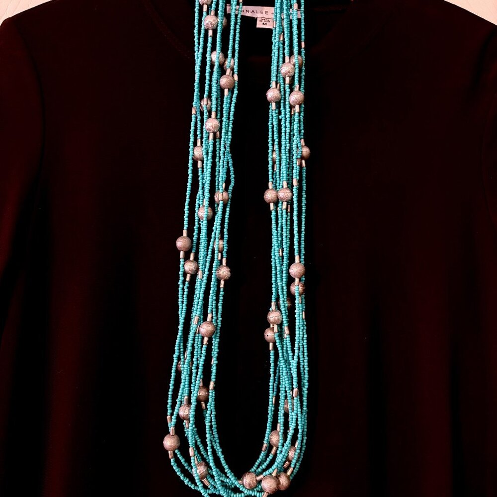 Turquoise Seed Beed and Silver balls long necklace